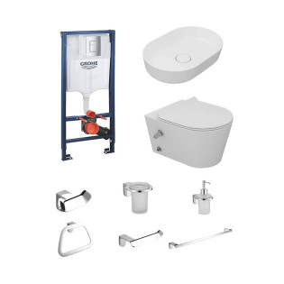 Sanipure washbasin, Sanipure Wall-Mounted Toilet, Grohe Concealed Tank with Square Flush Plate With Infinity Accessories Set 
