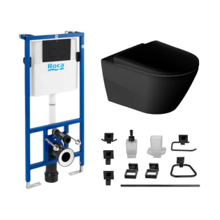 Duravit Wall-Mounted Toilet Black, Roca Chassis Concealed Tank and Rounded Flush Plate Black with Infinity Bathroom Accessories Set Black