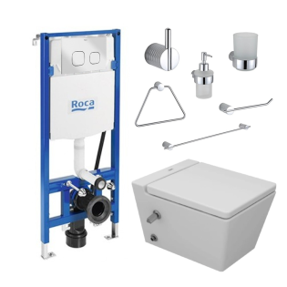 مرحاض معلق سانيبيور كيبلر مع خزان دفن بشاسية كامل ولوحة طرد مربعة روكا كروم وطقم اكسسوارات انفينتي