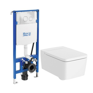 مرحاض معلق انسبيرا أبيض مع خزان دفن بشاسية كامل ولوحة طرد مربعة كروم من روكا