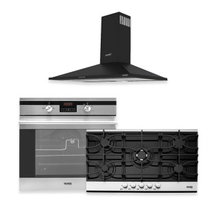 هانز فرن بلت ان غاز 60 سم استانلس مع شفاط 90 سم أسود و مسطح بلت ان 5 شعله اسود